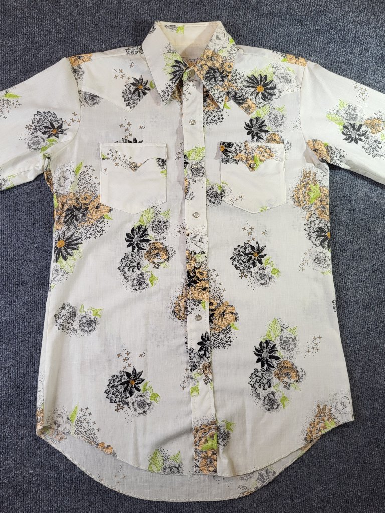 Vtg 70's Karman Pearl Snap Western Shirt Usa Made 15/34 Long Tail Floral Rare